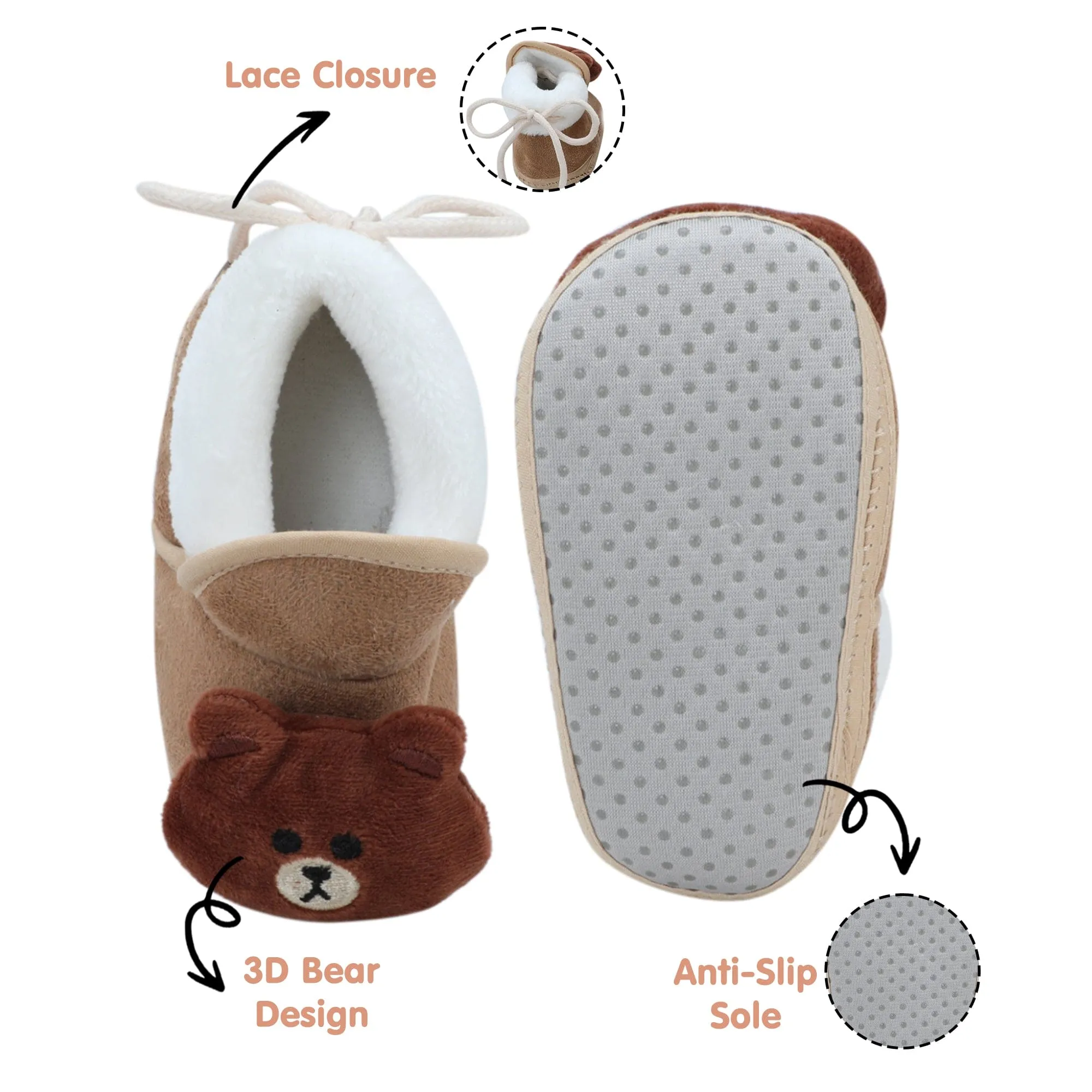 Baby Moo 3D Bear Soft Slip-On Anti-Skid Plush Warm Booties - Brown