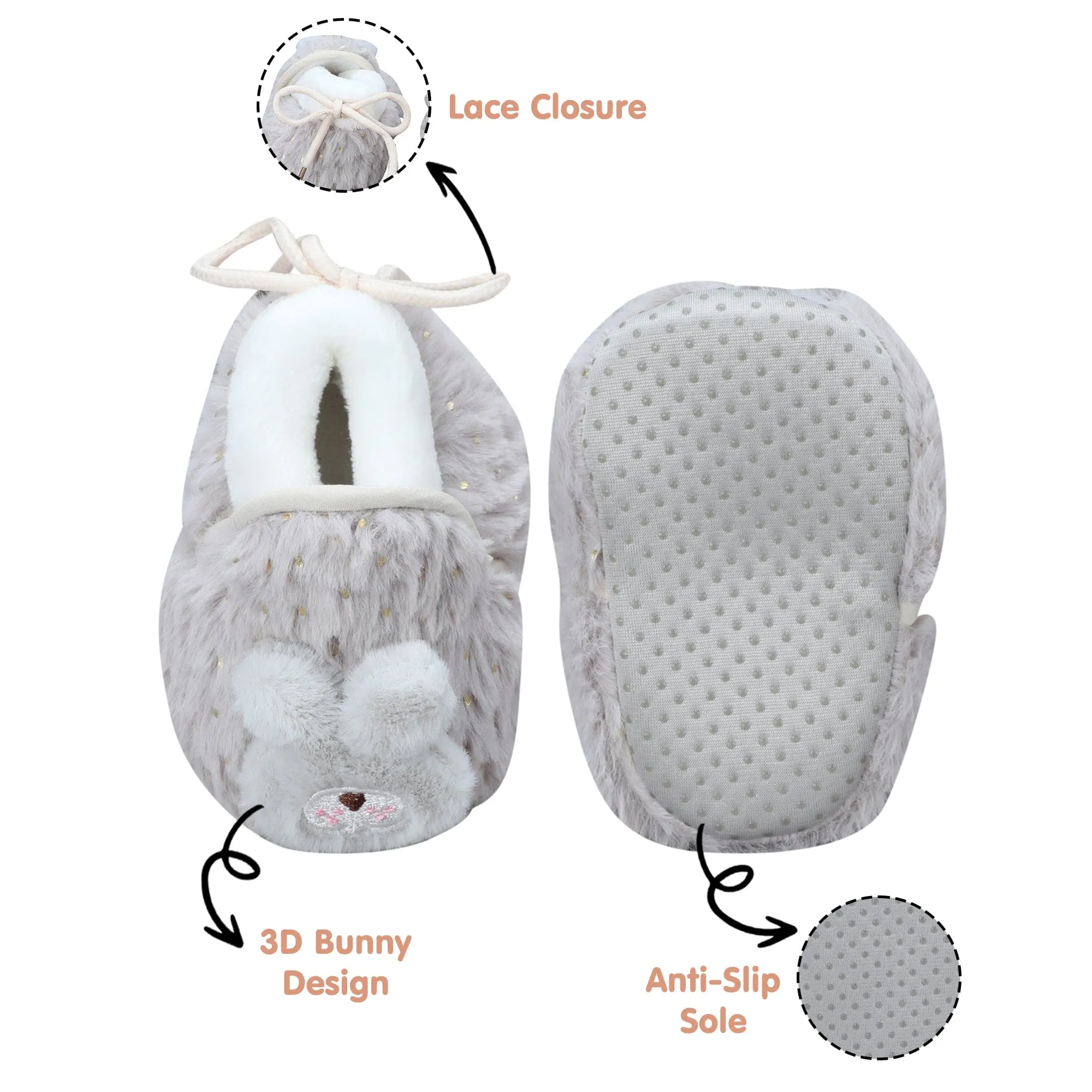 Baby Moo 3D Bunny Soft Slip-On Anti-Skid Plush Warm Booties - Grey