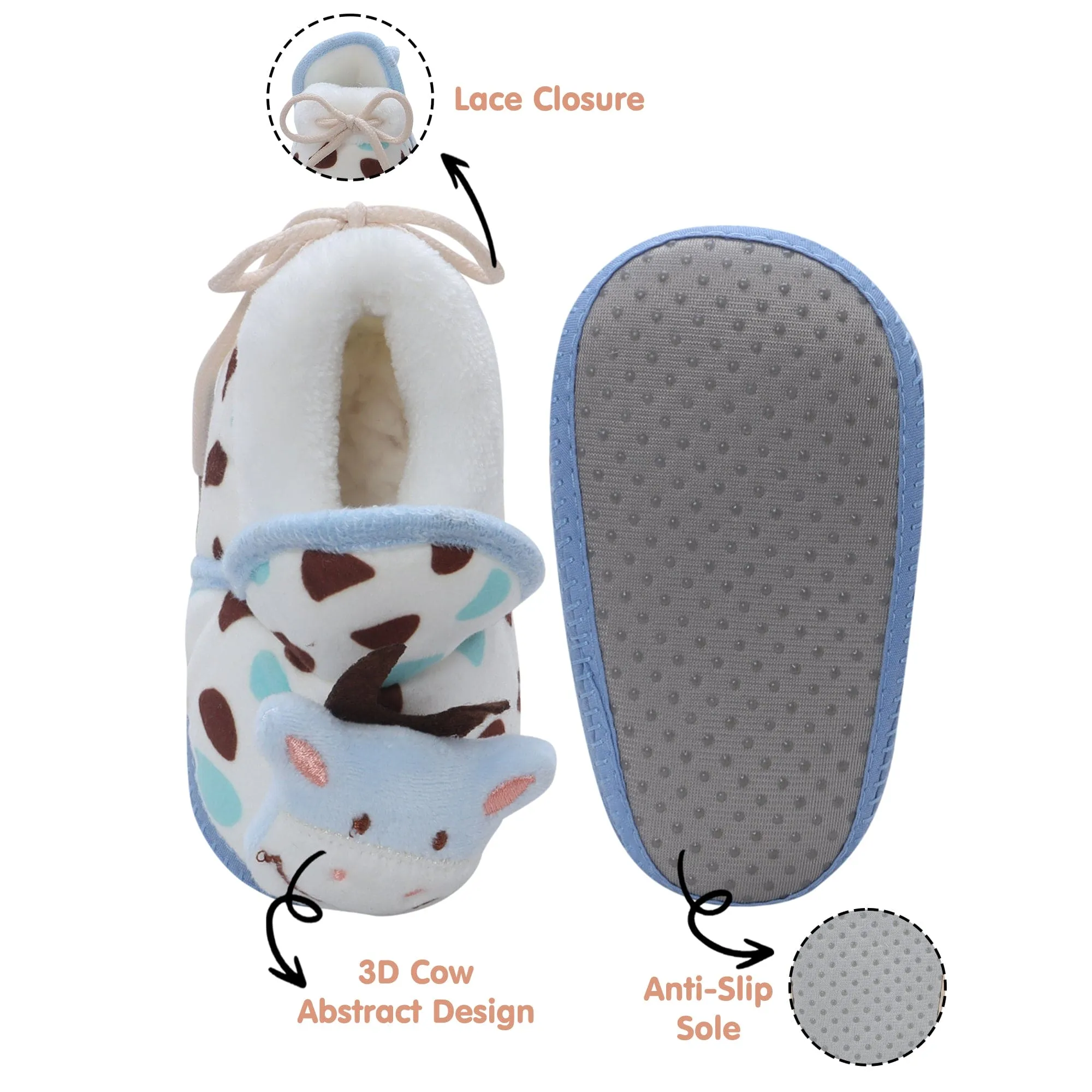 Baby Moo 3D Cow Abstract Spots Soft Slip-On Anti-Skid Plush Warm Booties - Blue