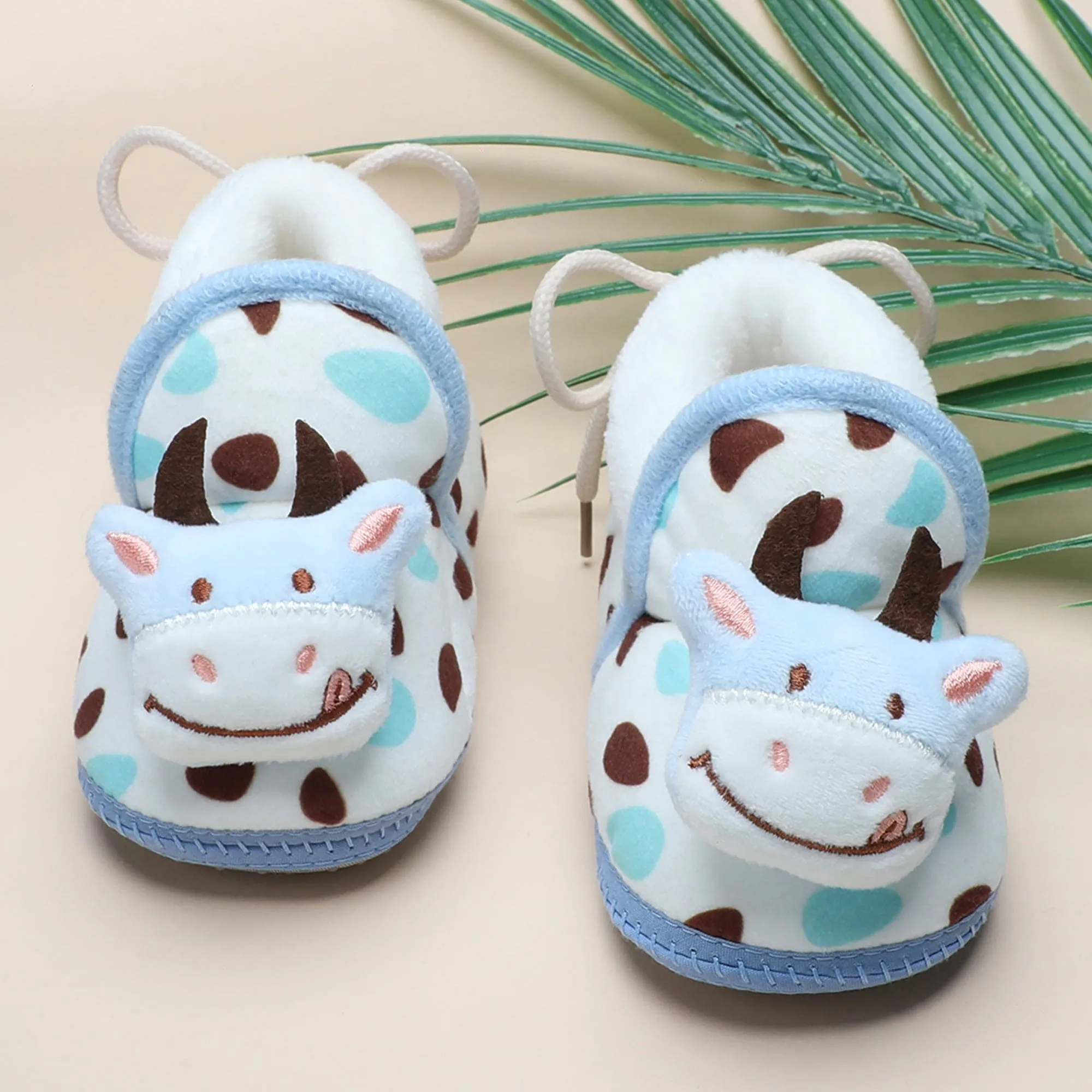 Baby Moo 3D Cow Abstract Spots Soft Slip-On Anti-Skid Plush Warm Booties - Blue