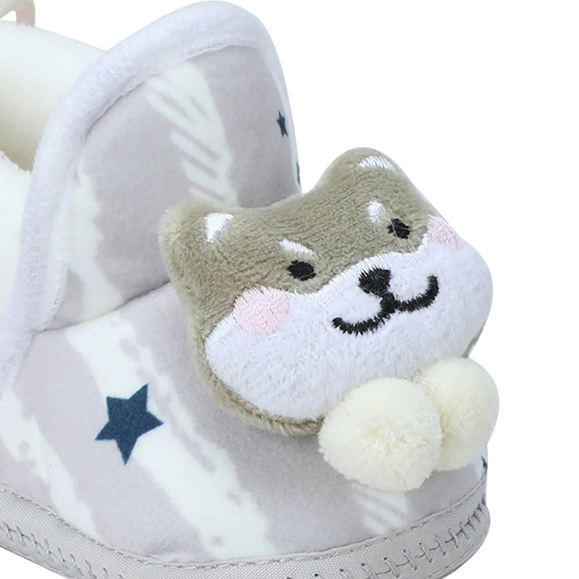 Baby Moo 3D Teddy Broad Stripes Soft Slip-On Anti-Skid Plush Warm Booties - Grey