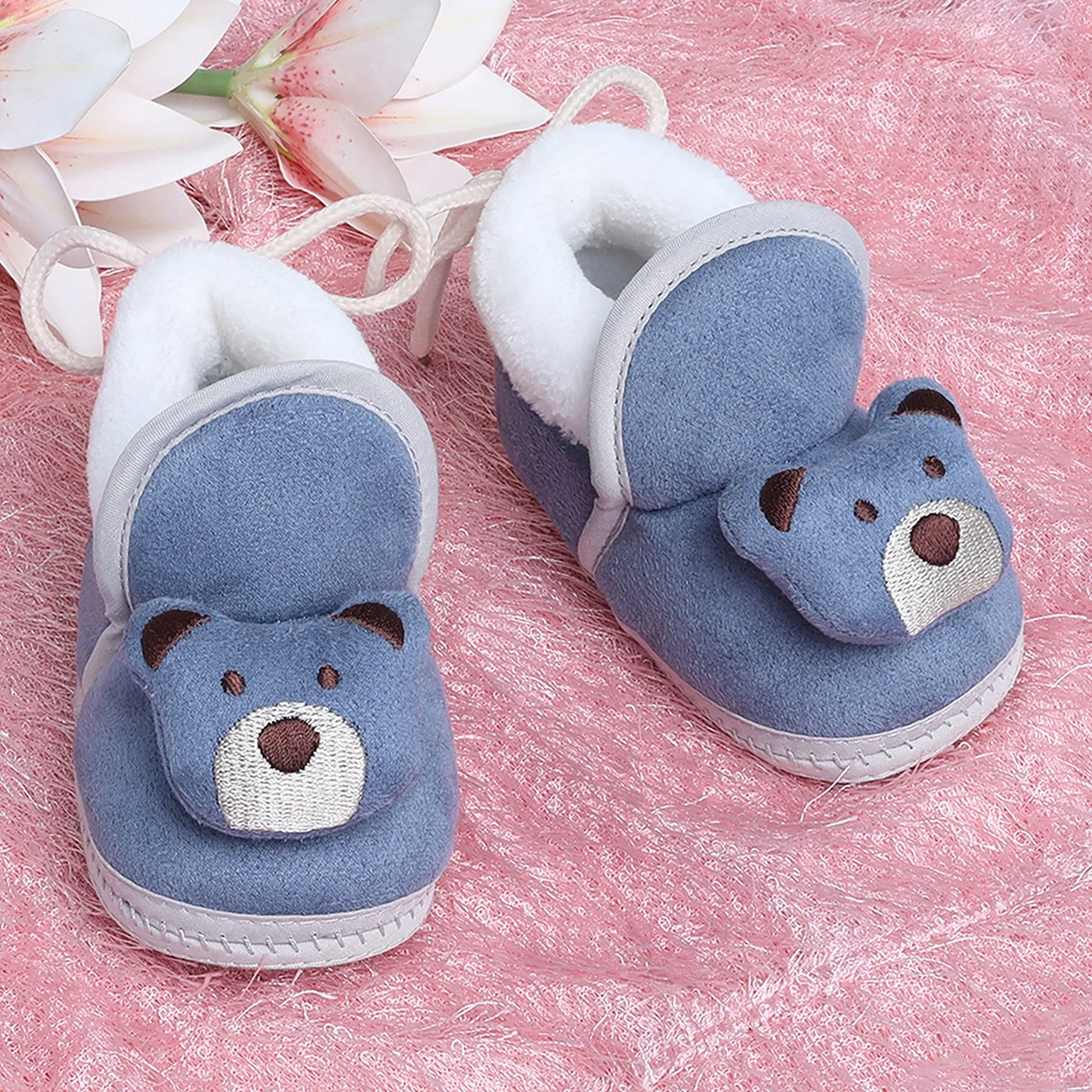 Baby Moo 3D Teddy Soft Slip-On Anti-Skid Plush Warm Booties - Blue