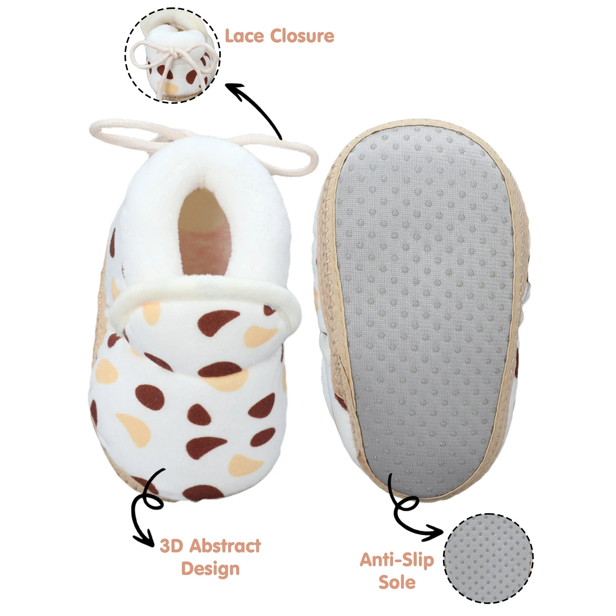 Baby Moo Abstract Spots Soft Slip-On Anti-Skid Plush Warm Booties - Beige