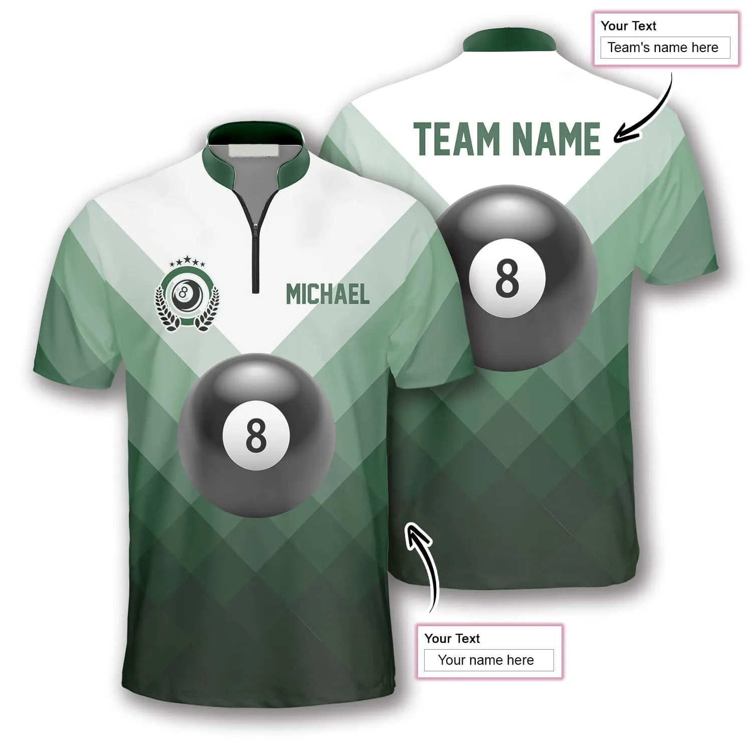 Ball 8 Green Sports Style Custom Billiard Jerseys for Men, 3D All Over Print Billiard Jersey Shirt