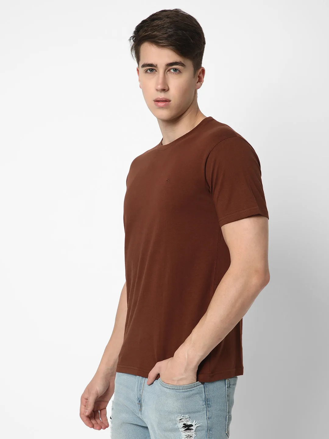 Cotstyle Cotton Fabrics Round Neck Short Length Plain Half Sleeve Casual & Daily Wear Men's T-Shirts -  Pack of 1 - Brown