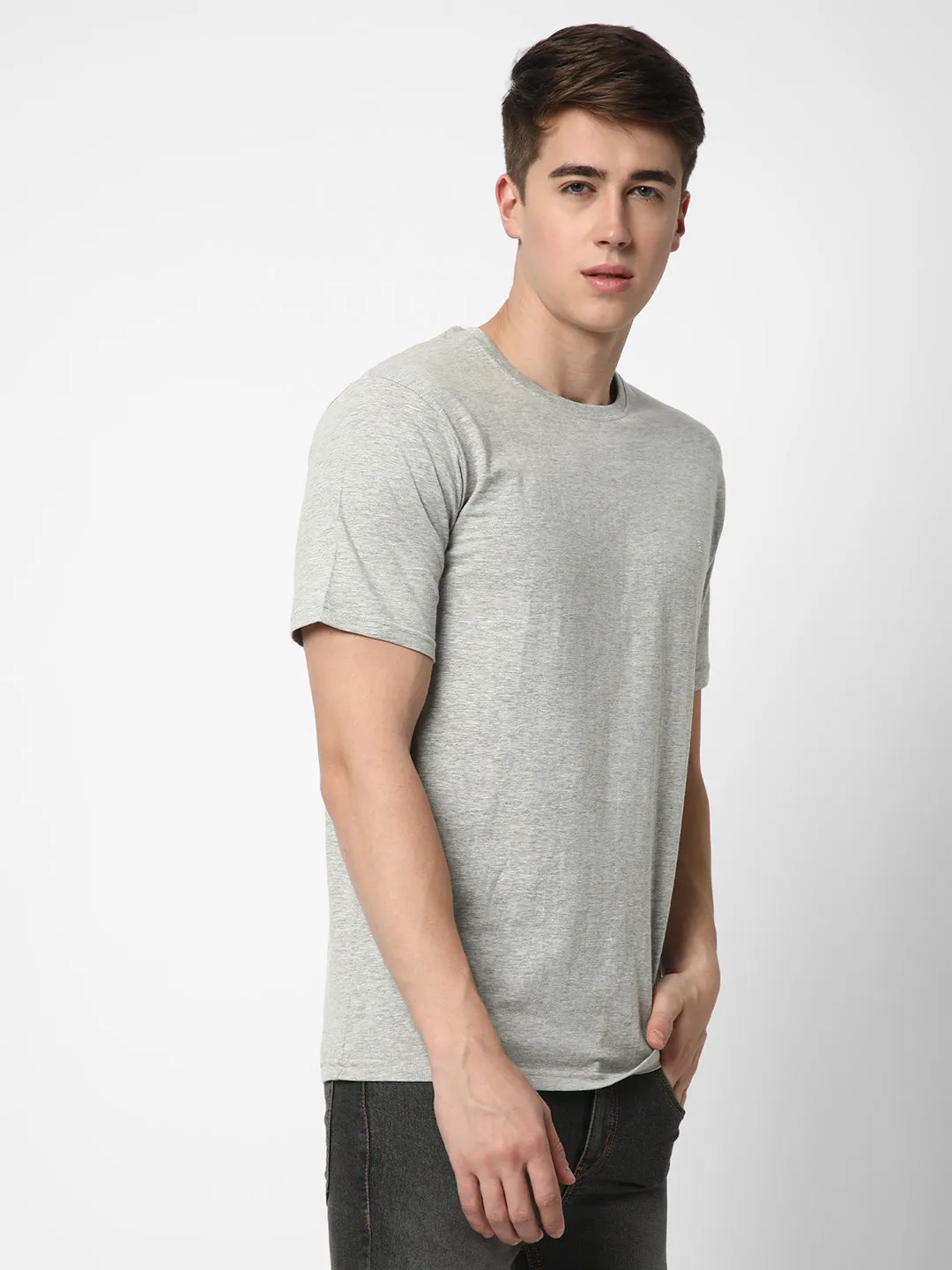 Cotstyle Cotton Fabrics Round Neck Short Length Plain Half Sleeve Casual & Daily Wear Men's T-Shirts -  Pack of 1 - Lt.Grey Melange