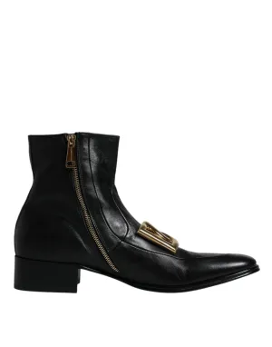 Dolce & Gabbana Black Nappa Leather Logo Ankle Boots Shoes