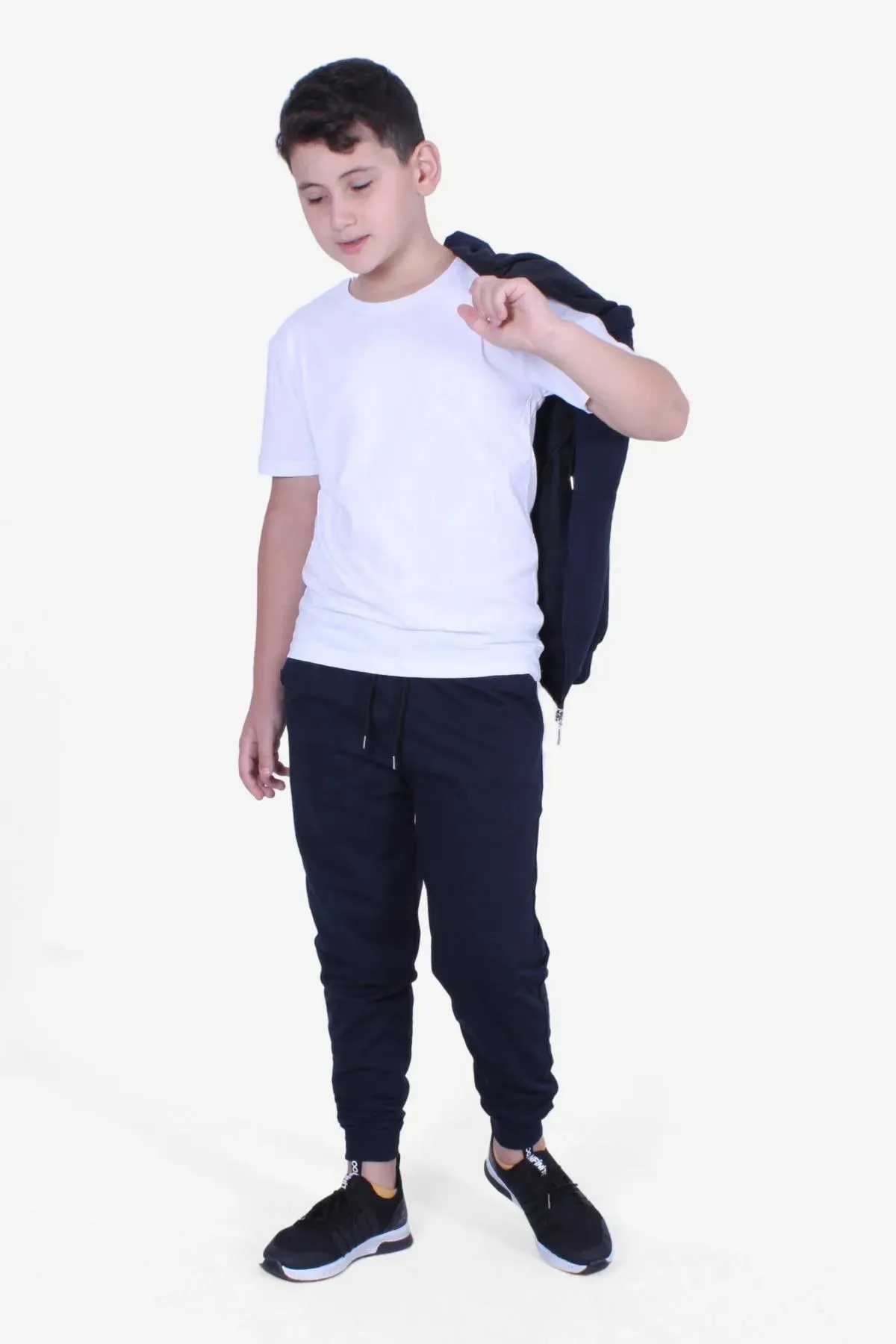 Fyk Kids Boy's Black White Zippered Basic T-shirt 2 Pack Tracksuit