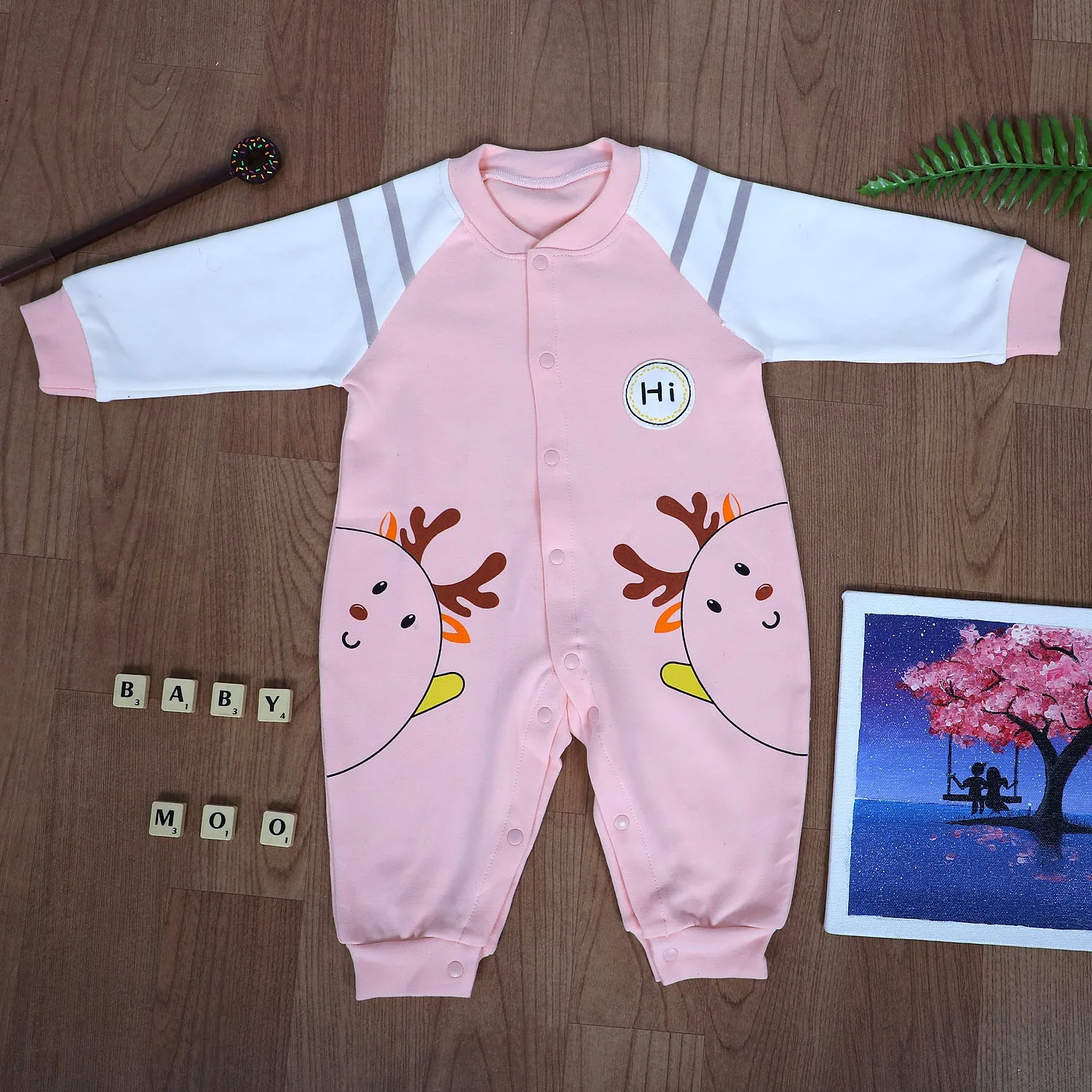 Hi Reindeer Full Sleeves One-Piece Snap Button Bodysuit - Pink