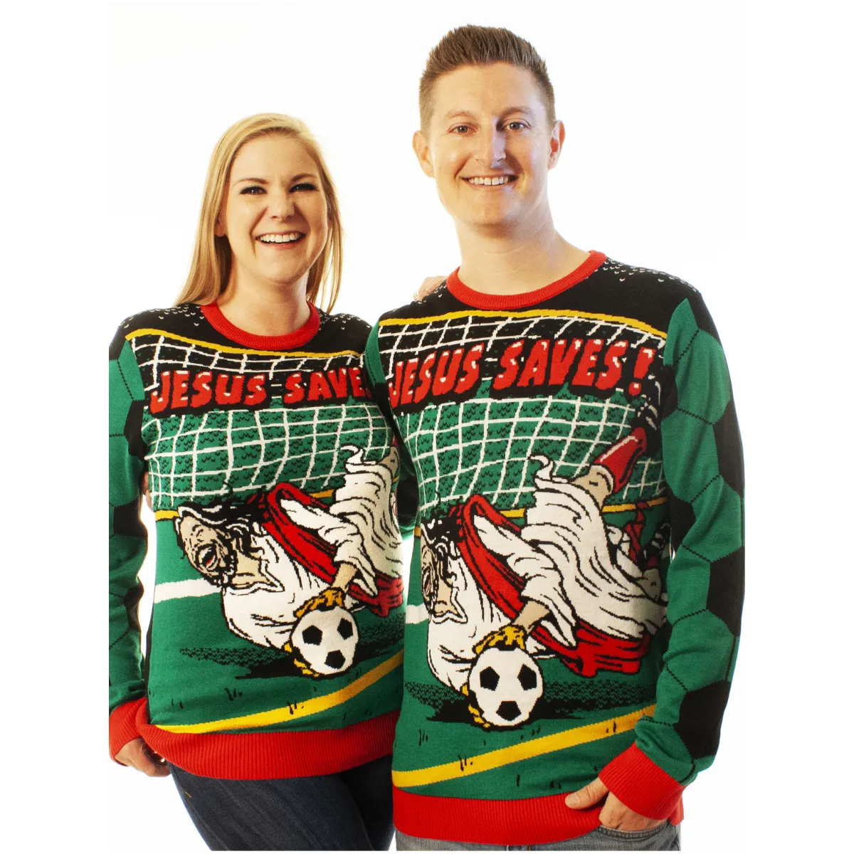 Jesus Saves! Soccer | Ugly Christmas Sweater For Men & Women | Unisex Sizing