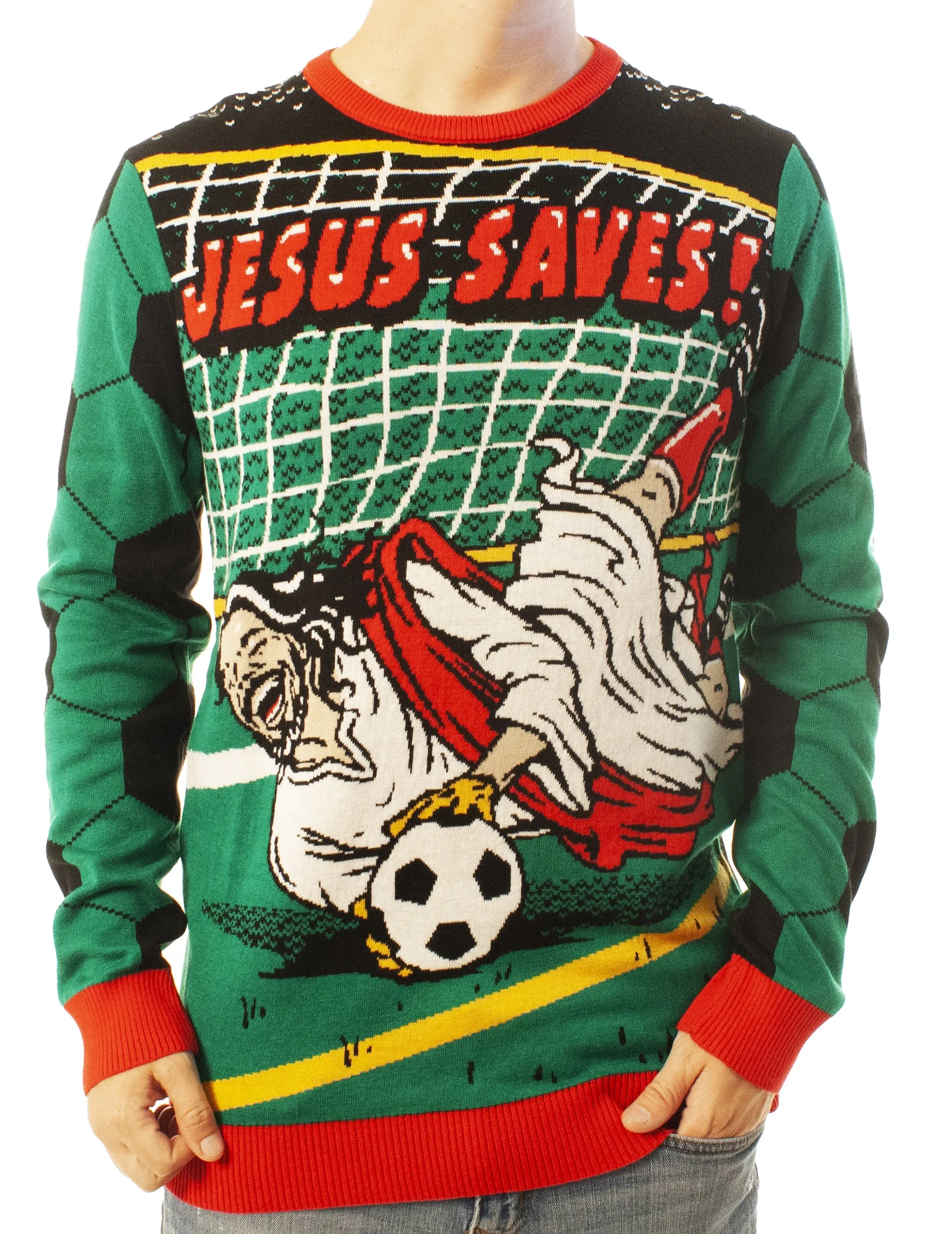 Jesus Saves! Soccer | Ugly Christmas Sweater For Men & Women | Unisex Sizing