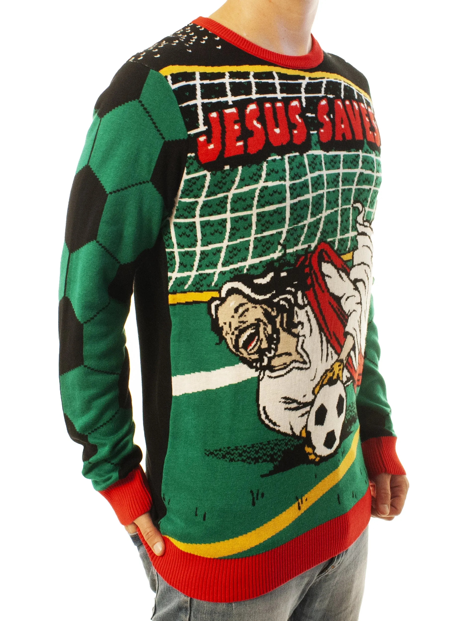 Jesus Saves! Soccer | Ugly Christmas Sweater For Men & Women | Unisex Sizing