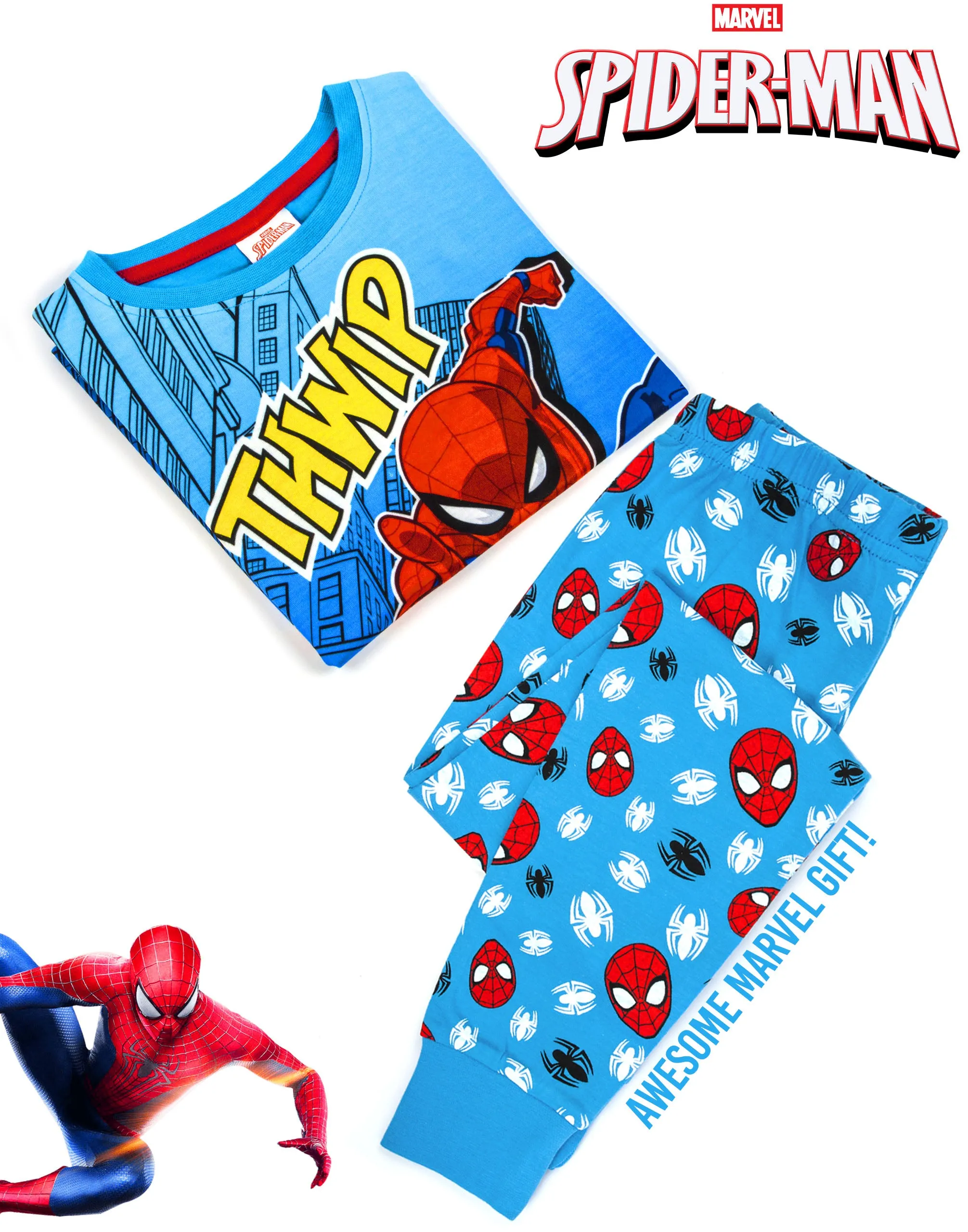 Marvel Spider-Man Unisex Kids Blue Short Sleeve Long Leg Pyjama Set