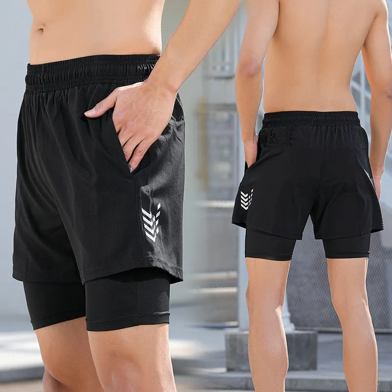 Men Two Layers Leisure Sports Shorts Breathable Dry Fit Bodybuilding Sweatpants Gym Compression Double-deck Elasticity Legging v2