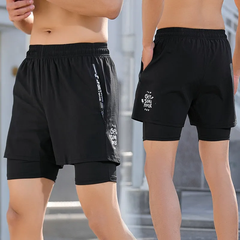 Men Two Layers Leisure Sports Shorts Breathable Dry Fit Bodybuilding Sweatpants Gym Compression Double-deck Elasticity Legging v2