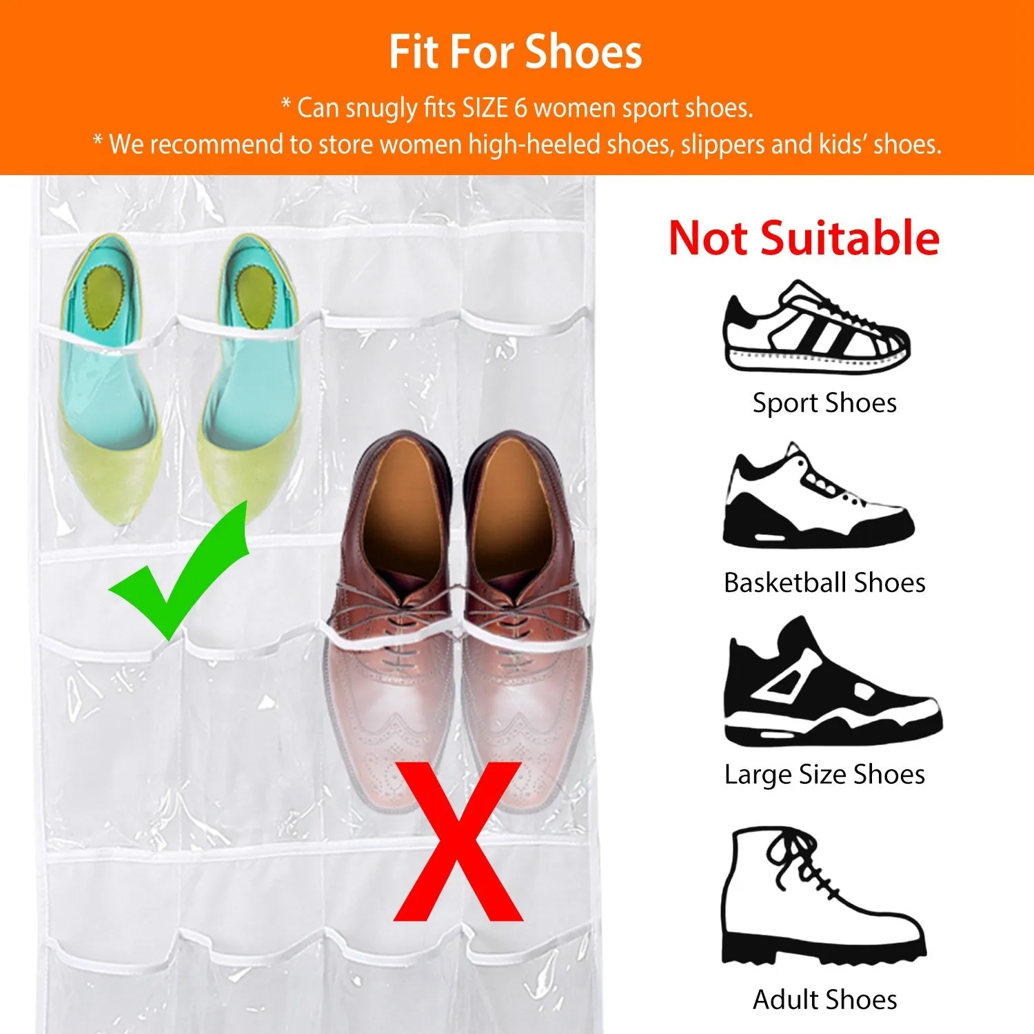 Over the Door Shoes Rack 6 Layer 24 Pocket Crystal Clear Organizer