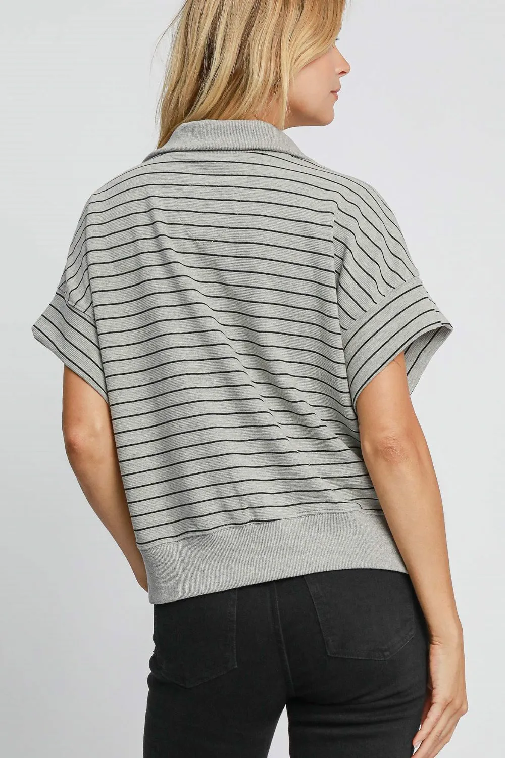 Striped Half Zip Short Sleeve Sweatshirt