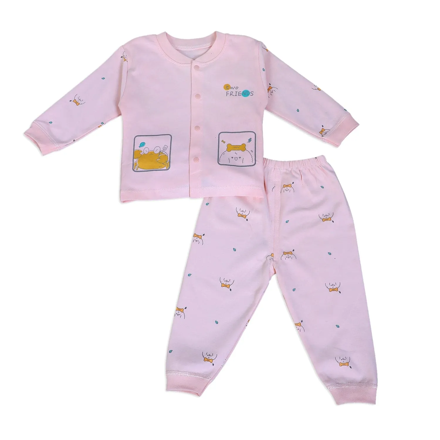 Two Friends Full Sleeves 2 Piece Buttoned Pyjama Set Night Suit - Pink