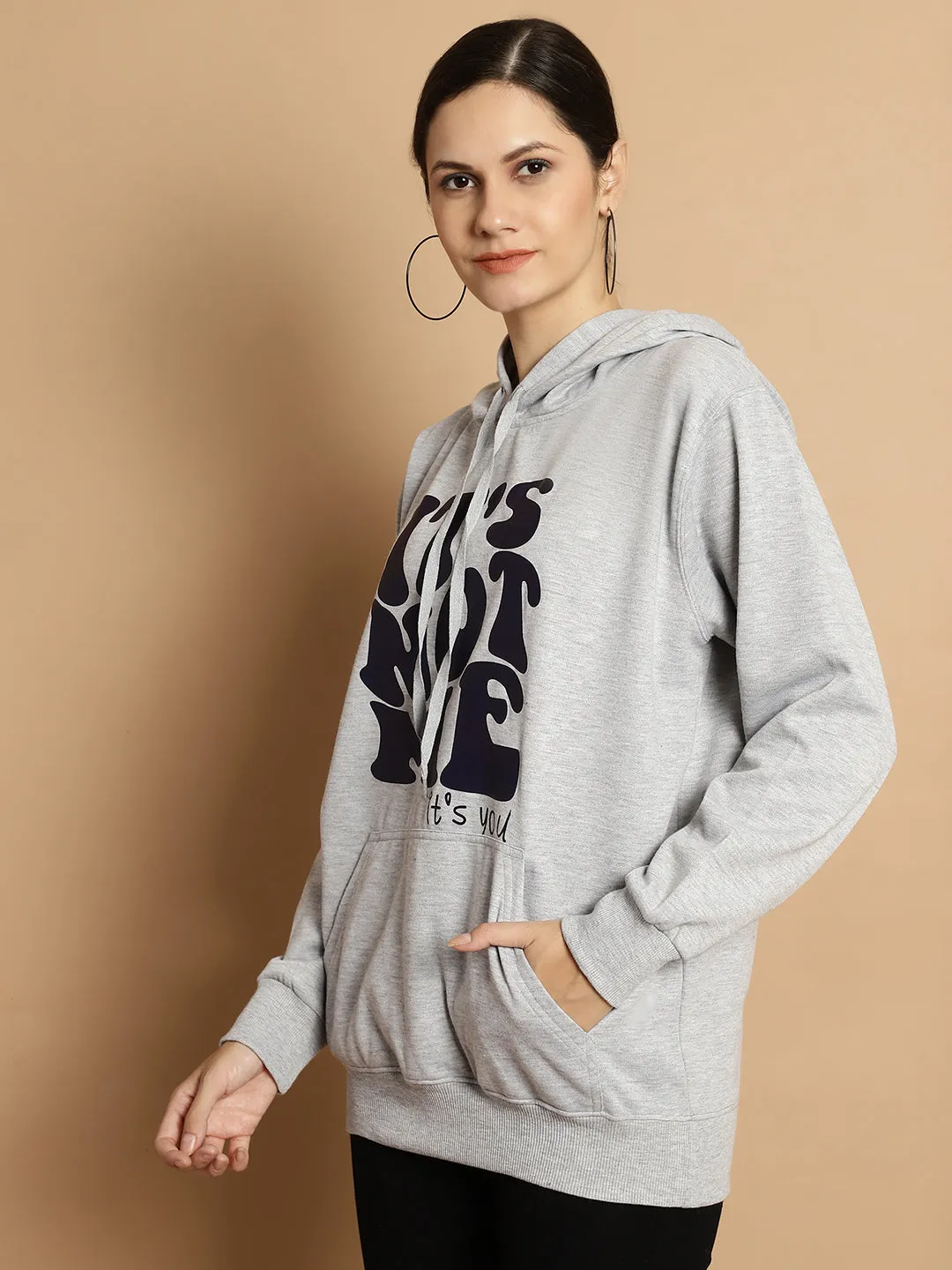 Vimal Jonney Grey Melange Printed Hooded Cotton Fleece Sweatshirt for Women