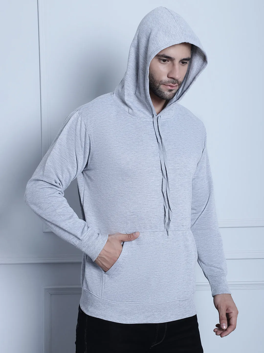 Vimal Jonney Grey Melange Solid Hooded Cotton Fleece Sweatshirt for Men