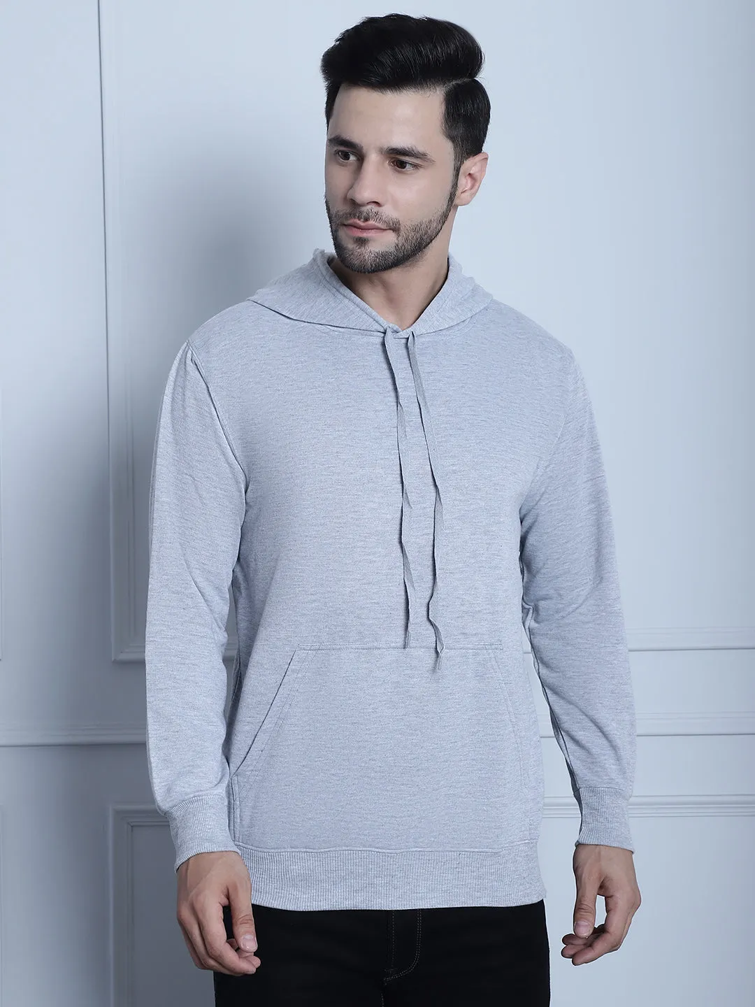 Vimal Jonney Grey Melange Solid Hooded Cotton Fleece Sweatshirt for Men