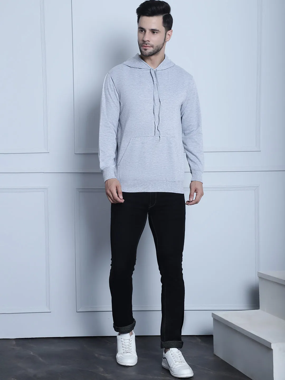 Vimal Jonney Grey Melange Solid Hooded Cotton Fleece Sweatshirt for Men