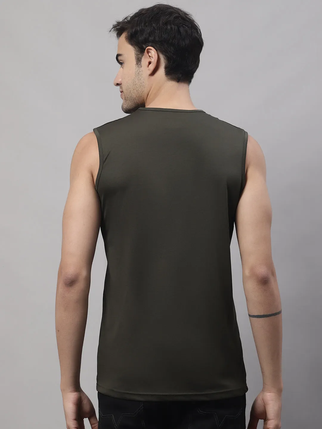 Vimal Jonney Regular Fit Dryfit Lycra Solid Olive Gym Vest for Men