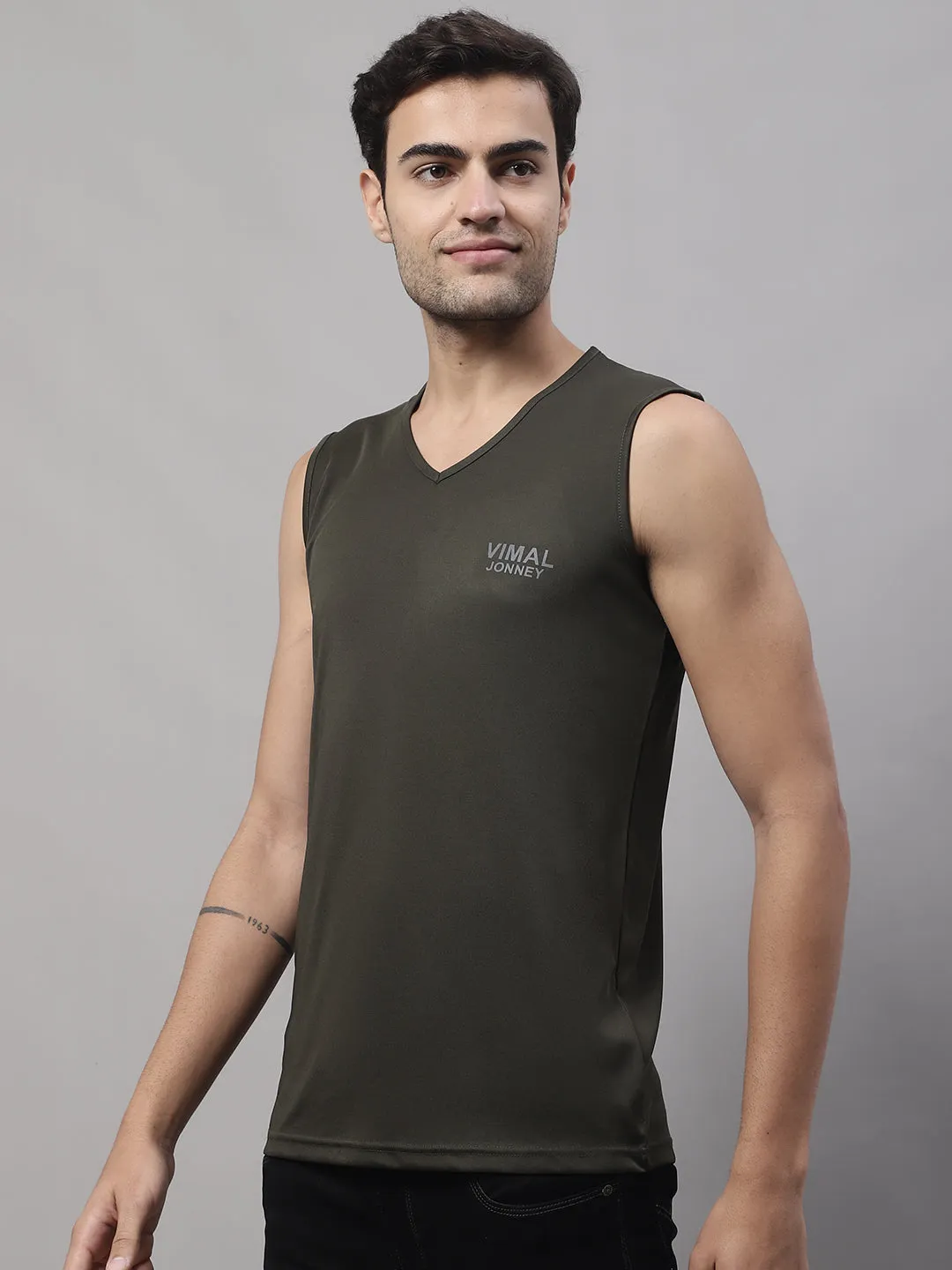 Vimal Jonney Regular Fit Dryfit Lycra Solid Olive Gym Vest for Men