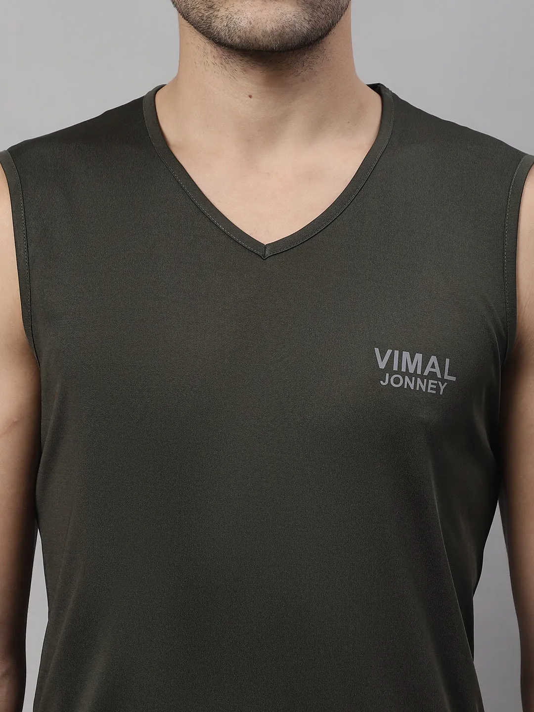 Vimal Jonney Regular Fit Dryfit Lycra Solid Olive Gym Vest for Men