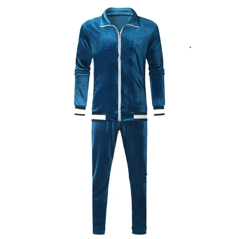 Wiaofellas Newest Men Velvet Tracksuits Splicing Sports Suit Male 2-Piece Set Hoodies  Pants Blue Sweatshirt Spring Autumn Sportswear