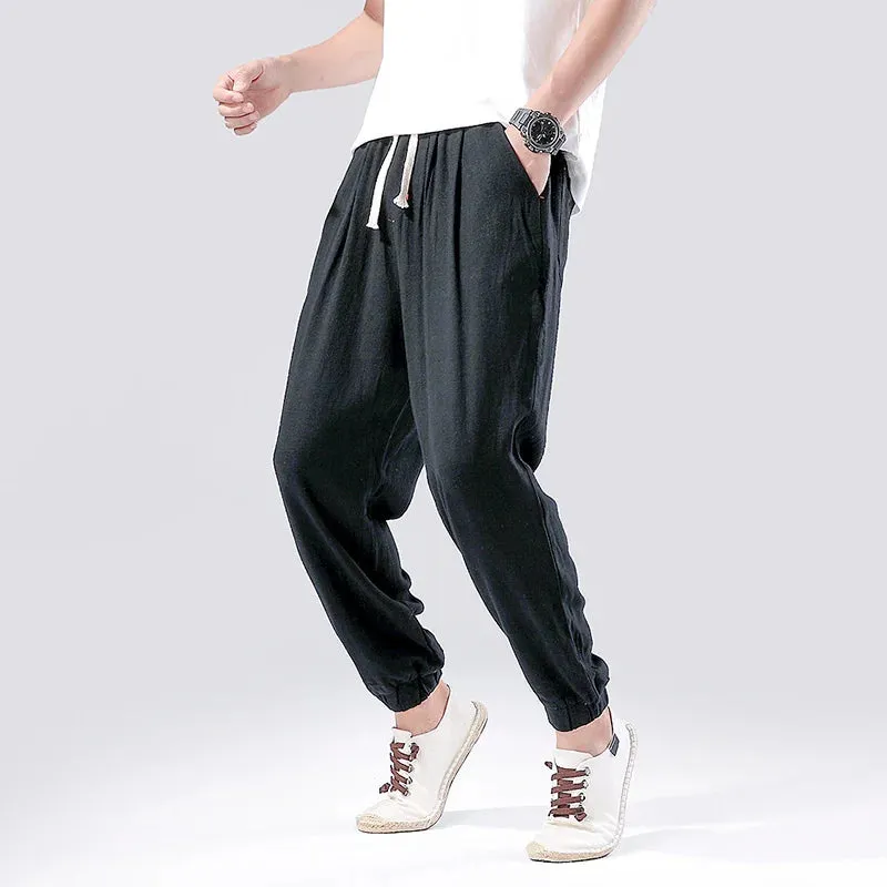 Wiaofellas  -  Summer Thin Casual Linen Pants Chinese Style Loose Plus Size Sports Ninth Pants Men Clothing Oversize Sweatpants Joggers