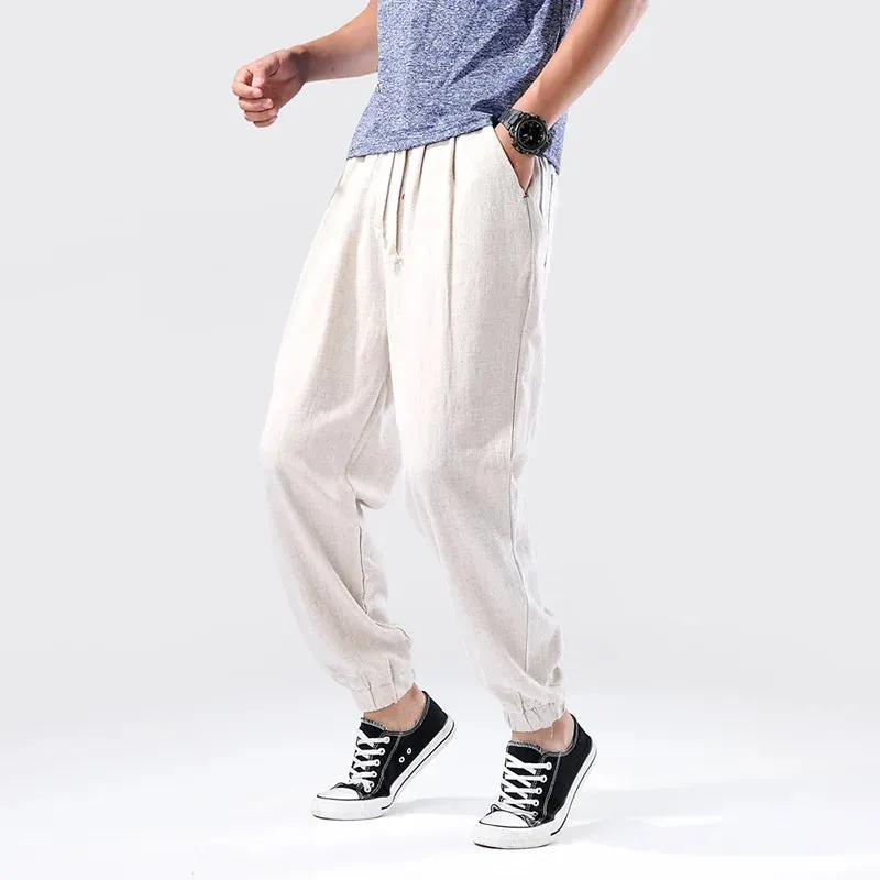 Wiaofellas  -  Summer Thin Casual Linen Pants Chinese Style Loose Plus Size Sports Ninth Pants Men Clothing Oversize Sweatpants Joggers