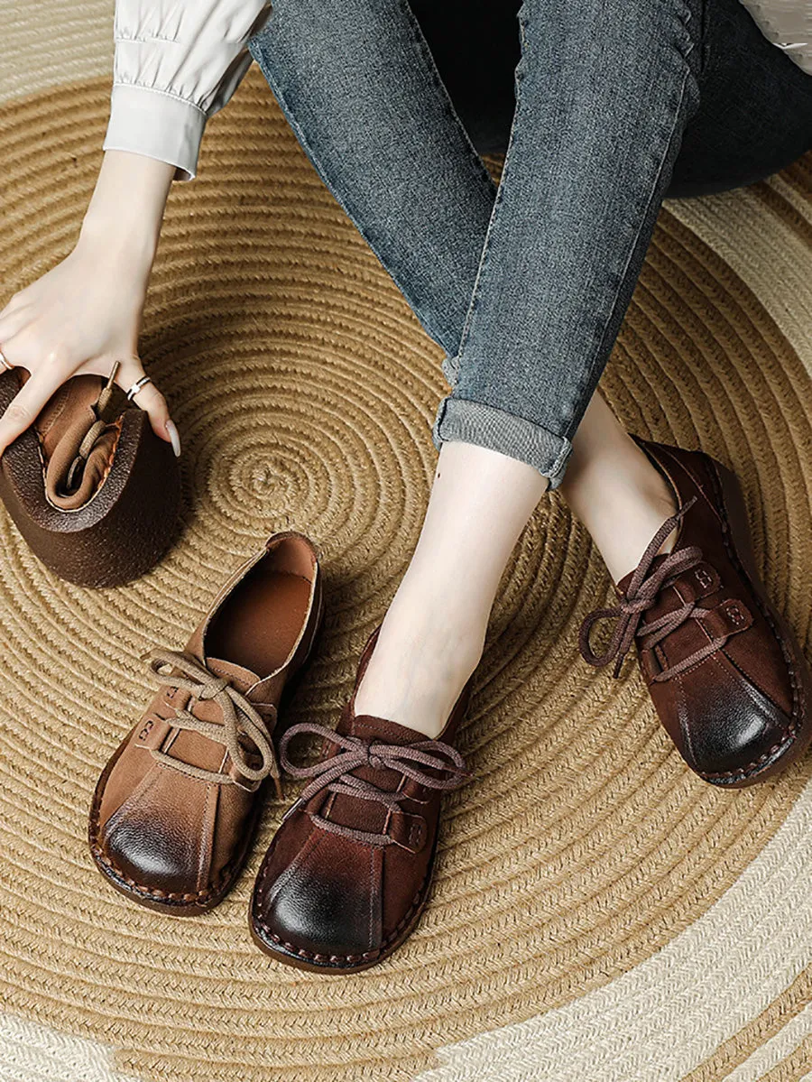 Women Autumn Retro Strap Leather Spliced Flat Shoes