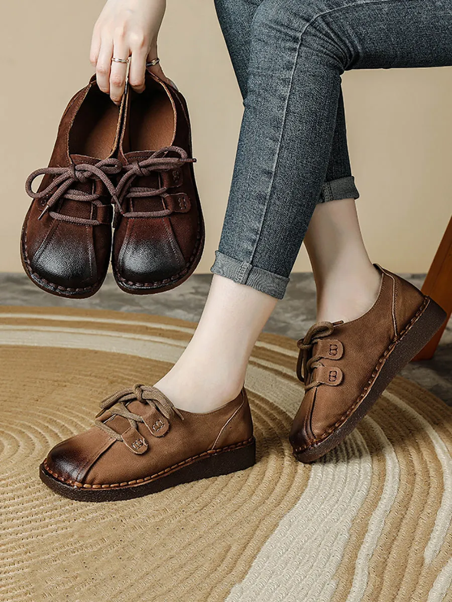 Women Autumn Retro Strap Leather Spliced Flat Shoes