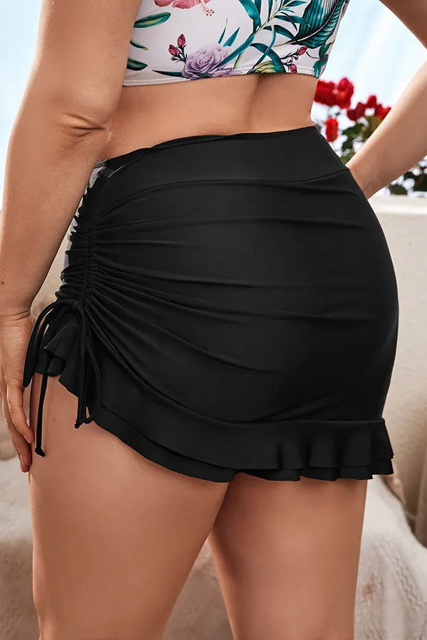 Women's Plus Size Black Drawstring Curved Hem Swim Skorts